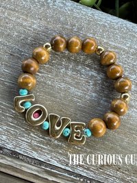 LOVE— Wood Bead & Turquoise Stretch Bracelet