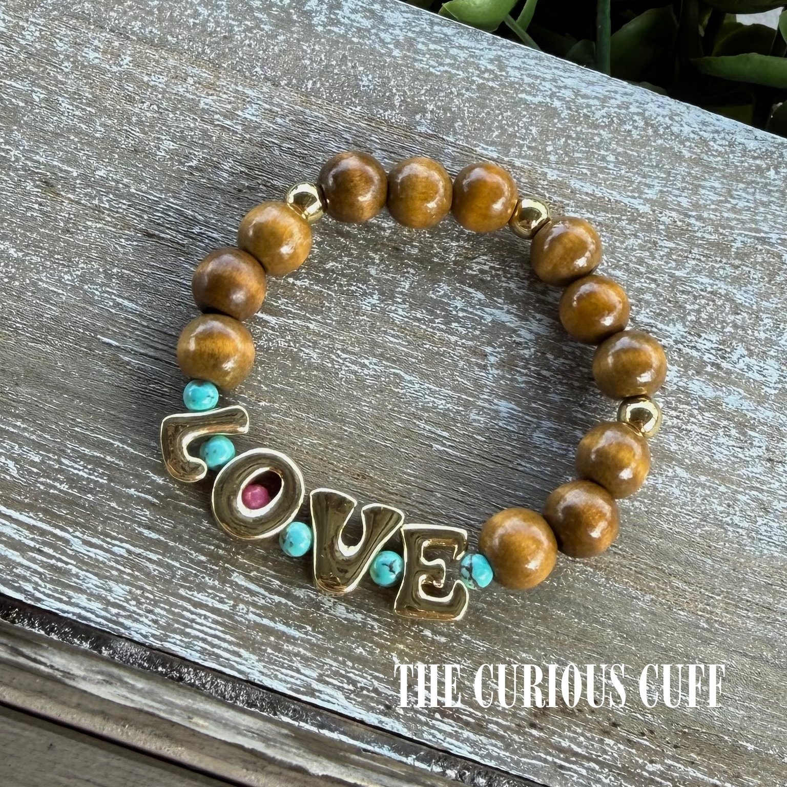 LOVE— Wood Bead & Turquoise Stretch Bracelet