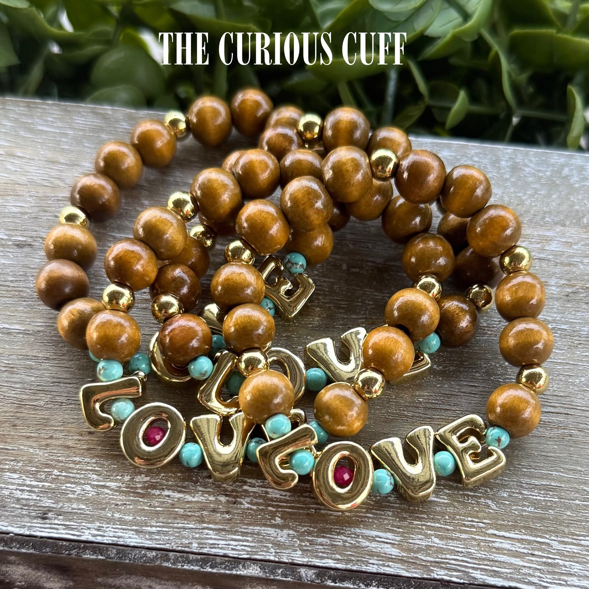 LOVE— Wood Bead & Turquoise Stretch Bracelet