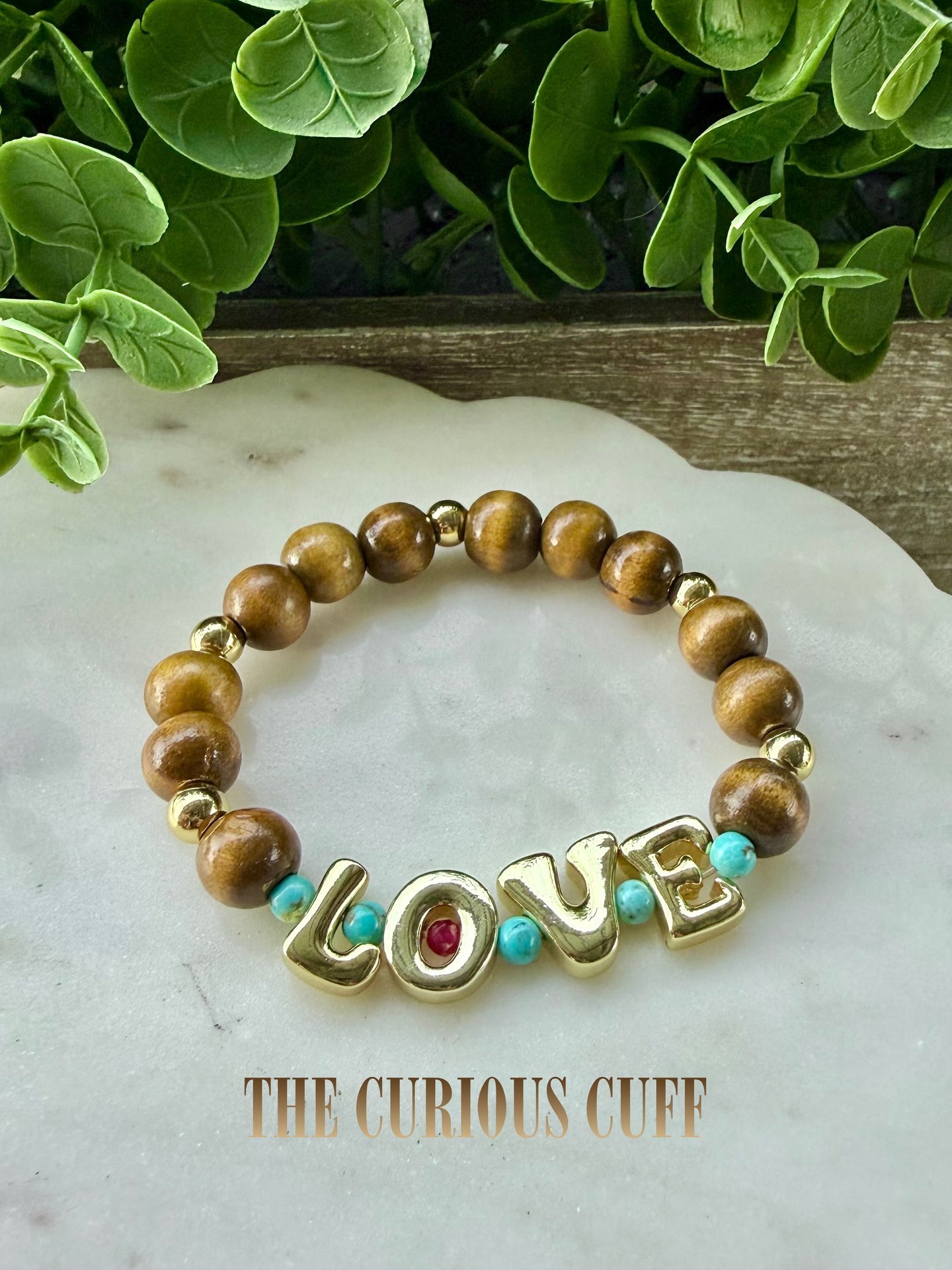 LOVE— Wood Bead & Turquoise Stretch Bracelet
